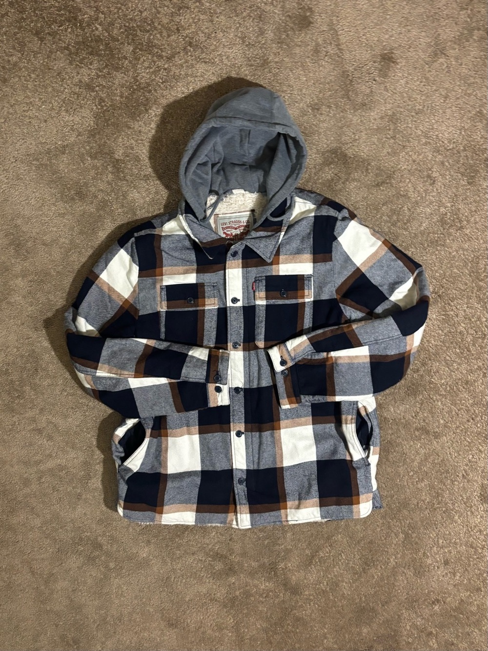 Levi Strauss & Co Mens Plaid Hooded Lined Shacket Jacket Button Up Size L